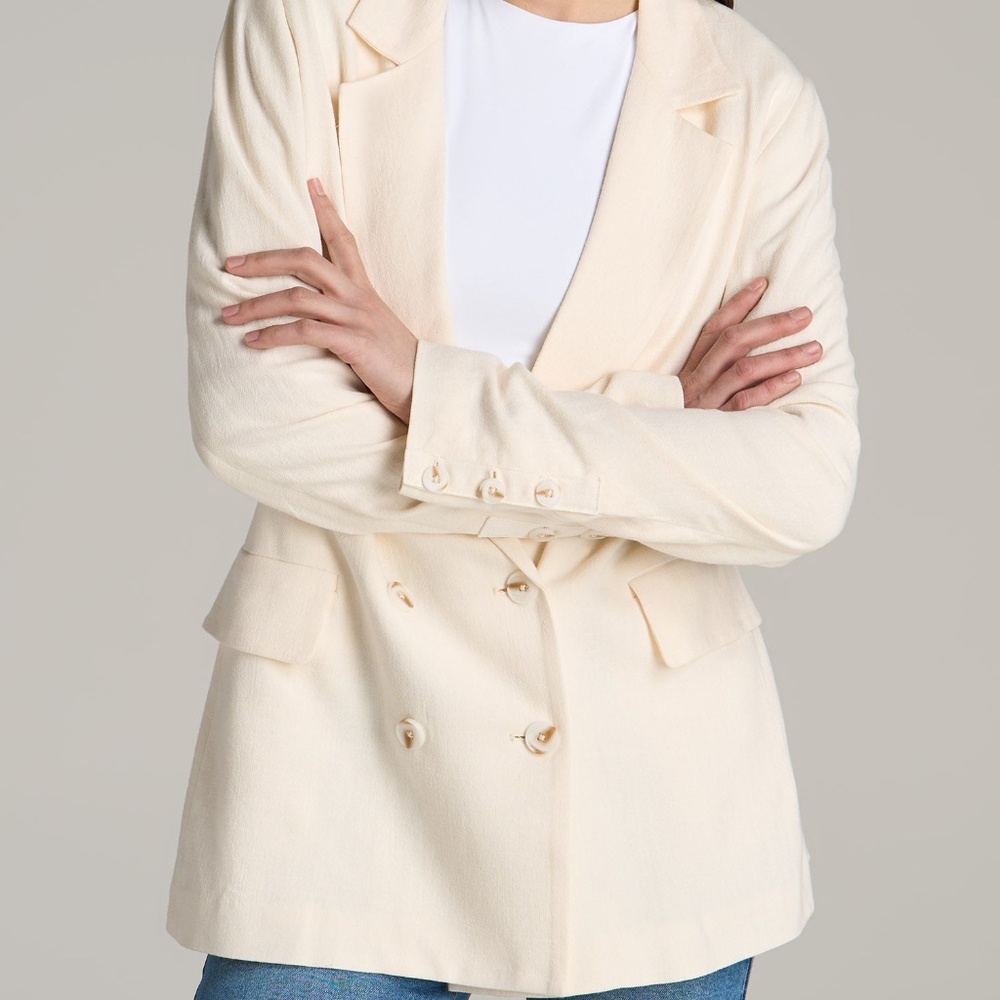 American Tall Linen Blend Tie Back Blazer For Tall Women in White Alyssum Size M